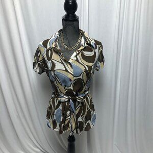 Studio 1940 Top Womens Size Small Brown Blue Sheer Short Sleeve Belted Blouse